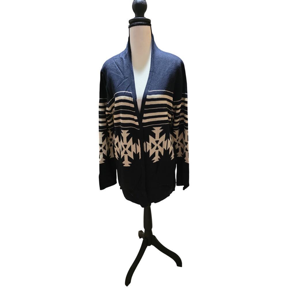 Super Line Southwestern Geometric Cardigan – Navy Blue – Open Front Sweater (S)